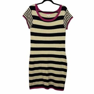 Hatley Black Beige Striped Knit Short Sleeve Dress Pink Trim Medium